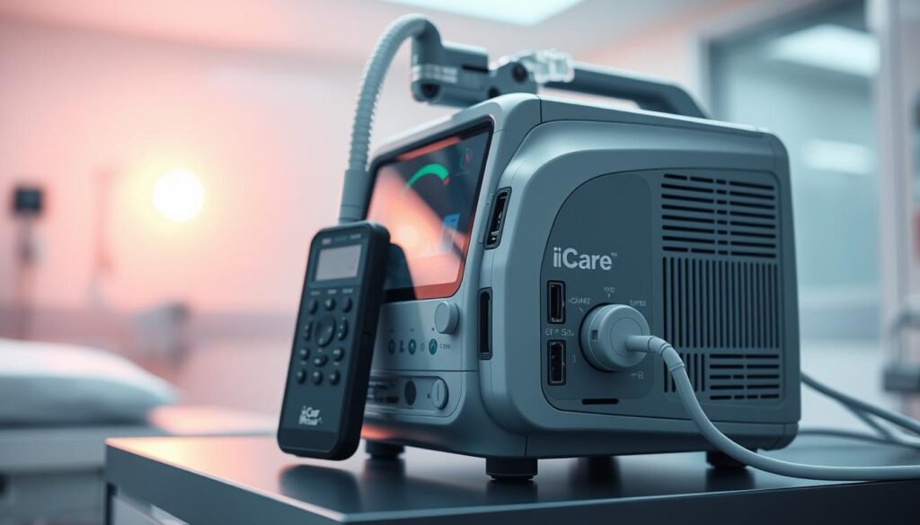 A highly detailed and technically precise image depicting a medical-grade sleep apnea machine from the iCareCPAP brand, carefully measuring the noise levels generated during operation. The foreground showcases the machine itself, its sleek and modern design with various ports, buttons, and digital displays. The middle ground features a sound level meter positioned near the machine, capturing the precise decibel readings. The background subtly blends a sterile, hospital-like environment with soothing pastel tones, conveying the importance of proper noise measurement for patient comfort and effective sleep therapy. Crisp lighting from multiple angles highlights the machine's form and the precision instrumentation, while a shallow depth of field emphasizes the technical focus of the scene. A highly detailed and technically precise image depicting a medical-grade sleep apnea machine from the iCareCPAP brand, carefully measuring the noise levels generated during operation. The foreground showcases the machine itself, its sleek and modern design with various ports, buttons, and digital displays. The middle ground features a sound level meter positioned near the machine, capturing the precise decibel readings. The background subtly blends a sterile, hospital-like environment with soothing pastel tones, conveying the importance of proper noise measurement for patient comfort and effective sleep therapy. Crisp lighting from multiple angles highlights the machine's form and the precision instrumentation, while a shallow depth of field emphasizes the technical focus of the scene.