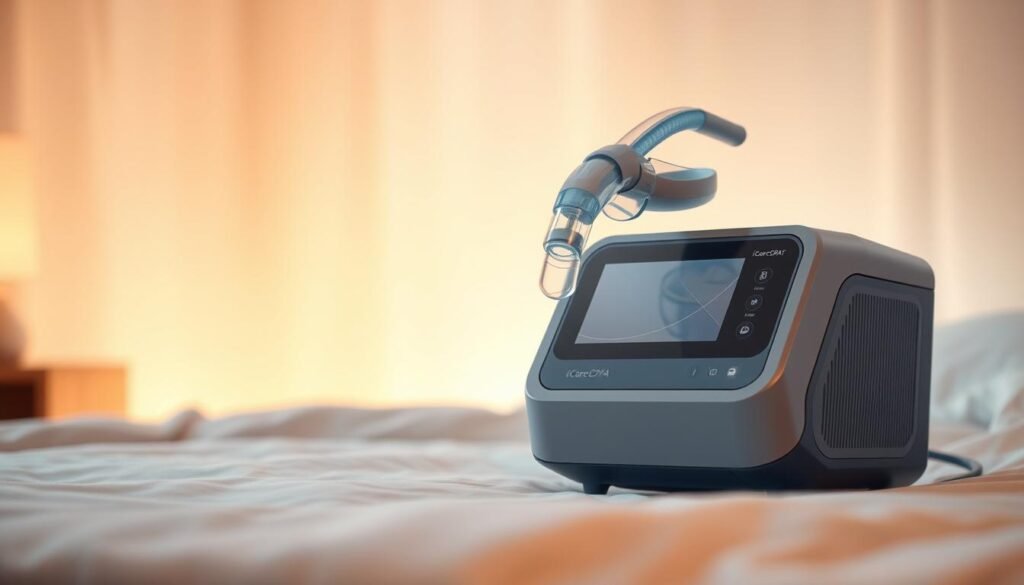 A high-quality, futuristic medical device for sleep apnea treatment. A sleek, minimalist iCareCPAP machine in muted tones of gray and blue, with a clear display panel and intuitive controls. The device is set against a soft, hazy background, bathed in warm, indirect lighting that creates a calming, therapeutic atmosphere. The overall design conveys a sense of advanced technology, comfort, and ease of use, perfectly suited for a modern bedroom or home healthcare setting.