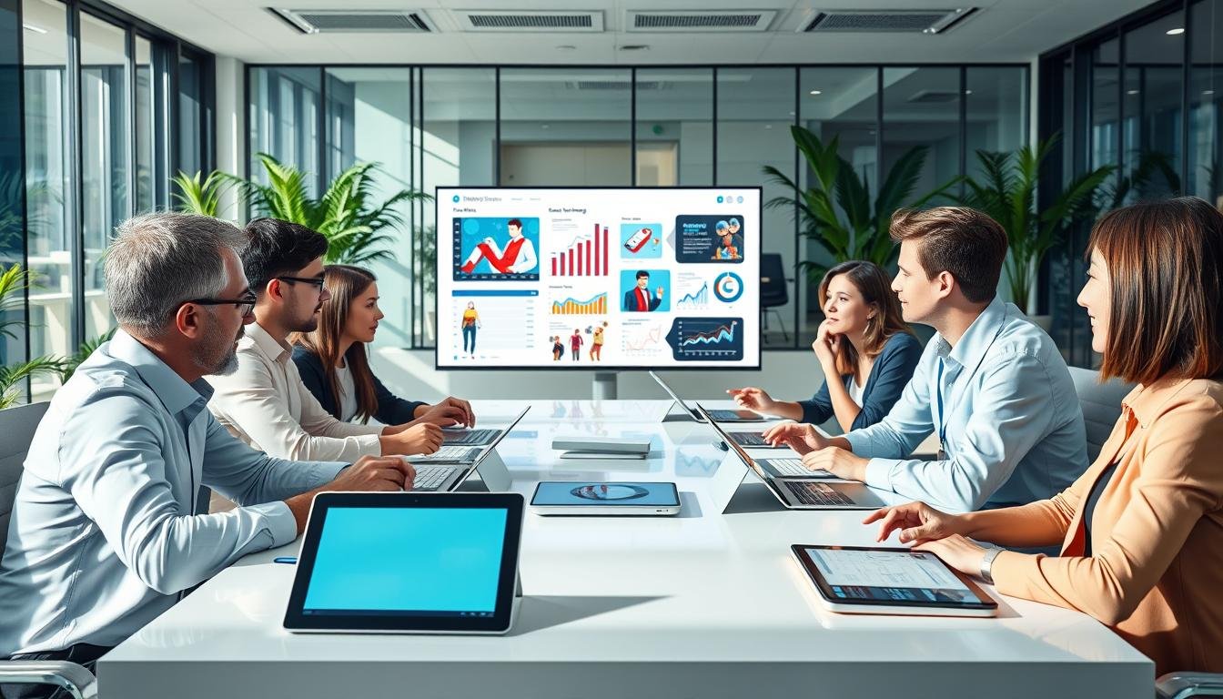 A conceptual image illustrating a digital marketing strategy, focusing on "廣告投放策略". In the foreground, a diverse group of professionals in business attire, including men and women, is engaged in a dynamic brainstorming session. They are gathered around a sleek table filled with digital devices displaying graphs and charts related to advertising performance. In the middle ground, a large screen shows a creative presentation of advertising campaigns with vivid visuals and data analytics. The background features a modern office environment with glass walls and greenery, enhancing the atmosphere of innovation and collaboration. Soft, natural lighting streams in through the windows, creating a productive and inspiring mood. The camera angle is a slightly elevated perspective, capturing the intensity and engagement of the meeting while emphasizing the strategic discussion on digital advertising.