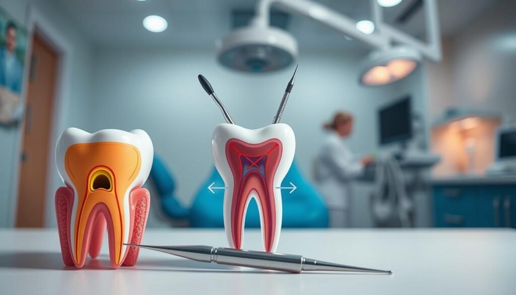 A visually striking conceptual illustration of the "Du Yagen Principle," focusing on the basic concepts of dental pulp removal, with a clean and clinical atmosphere. In the foreground, a detailed anatomical diagram of a human tooth showing the pulp chamber and nerves in vibrant colors. The middle layer features dental instruments like an extractor and a probe, arranged neatly, symbolizing the dental procedure. In the background, a soft-focus dental office setting with soothing lighting and a calming color palette, suggesting a sense of relief and professionalism. The overall mood is informative yet serene, emphasizing the importance of understanding dental health. Use a wide-angle lens effect to capture depth and clarity while avoiding any text or overlays, ensuring a clear focus on the visual elements.