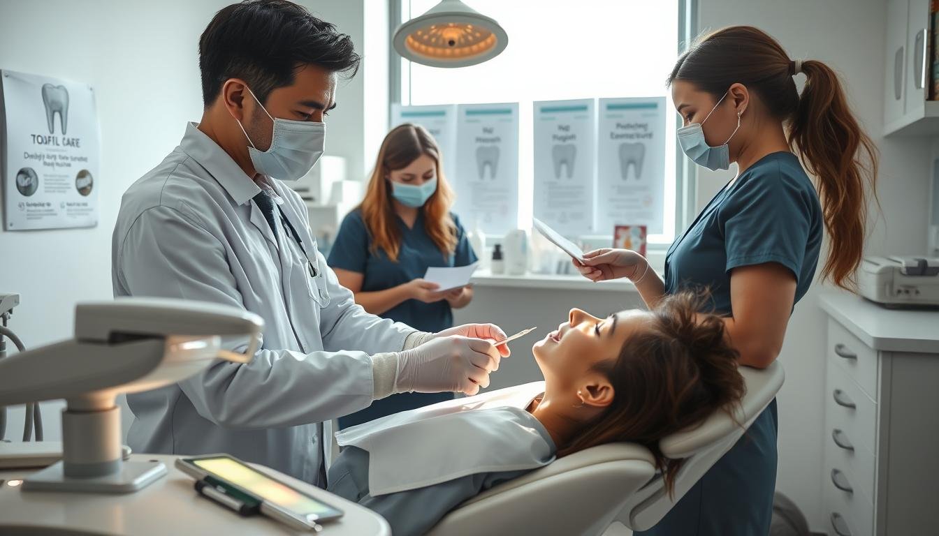 A clinically clean dental clinic interior, showcasing the tooth extraction process with a dentist in professional attire gently guiding a patient in a dental chair. The foreground features dental tools and an illuminated extraction site, highlighting the procedure's intricacies. In the middle ground, a dental hygienist prepares post-extraction care materials, emphasizing the importance of aftercare. The background includes posters illustrating oral health and recovery tips, creating an informative environment. Soft natural light filters through a window, creating a calm and reassuring atmosphere, with a focus on professionalism and care. Emphasize the emotional aspect of healing and the significance of dental maintenance for facial contour stability after tooth removal.
