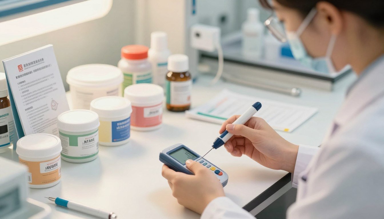 A detailed illustration showcasing the safety inspection process for adult products in Hong Kong, featuring a professional individual wearing a lab coat, inspecting various non-identified adult items on a clean, organized table. In the foreground, a close-up of hands holding testing equipment, such as a ph meter and material tester. In the middle ground, neatly labeled containers and safety guidelines visible, emphasizing the importance of compliance and regulations. The background depicts a bright, sanitary laboratory setting with warm lighting and soft shadows to create a cozy and inviting atmosphere. The setting should reflect an environment of trust and safety, with the lens capturing the scene in a cinematic 4:3 aspect ratio.