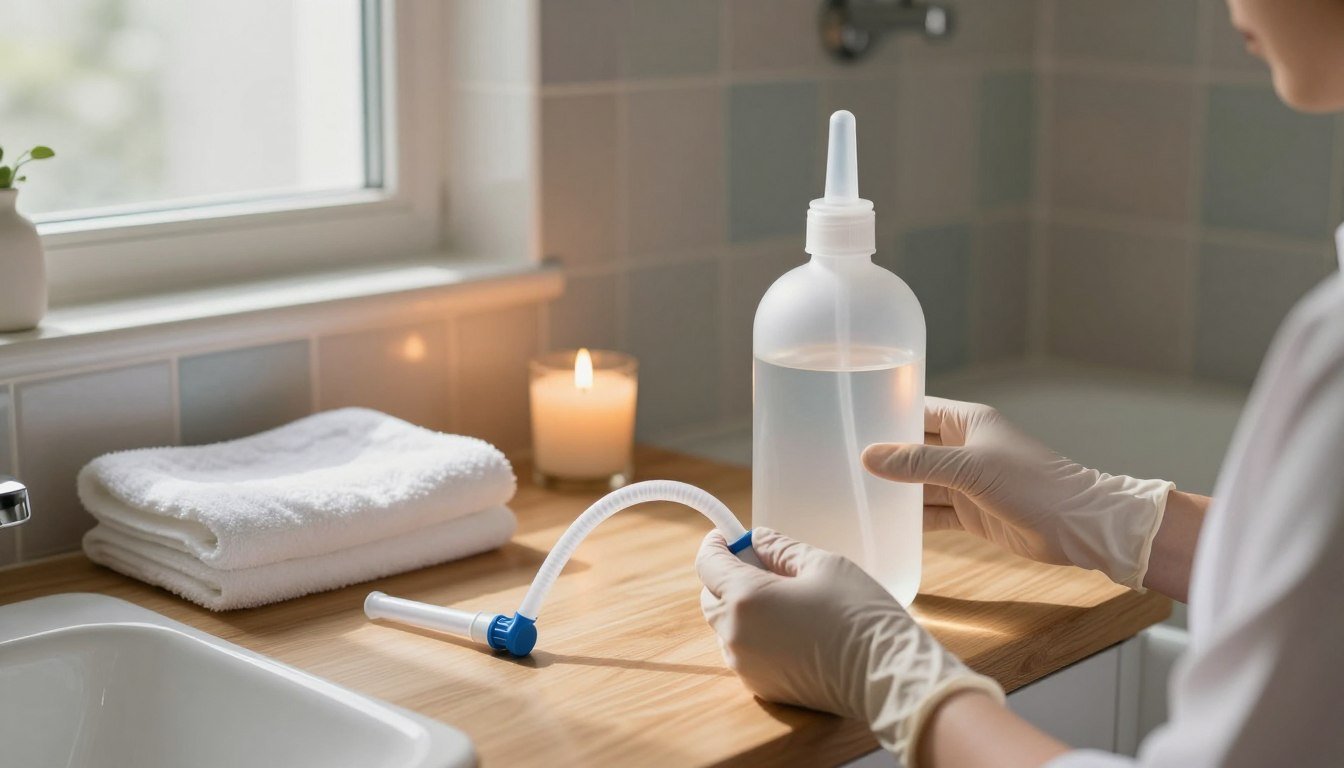 A well-organized bathroom setting featuring a variety of enema kits and preparation tools laid out neatly on a wooden countertop. In the foreground, a pair of gloved hands gently holding a soft, flexible nozzle and a large bottle filled with a clear fluid, demonstrating thoughtful care and meticulousness. The middle ground includes a clean towel, privacy screen, and a soothing candle, promoting a calm, inviting atmosphere. The background shows muted pastel tiles and soft natural light streaming in through a frosted window, casting gentle shadows and enhancing the warm, cozy ambiance. The overall mood is intimate yet professional, reflecting a serene preparation space for personal care. 4:3 aspect ratio, cinematic vibe, with an emphasis on cleanliness and tranquility.