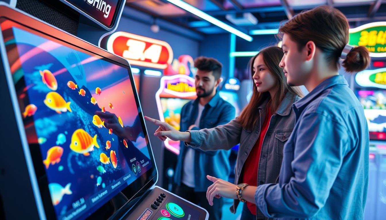 A dynamic scene showcasing a 3A fishing game machine in action, emphasizing its multi-touch technology. In the foreground, display a sleek gaming interface with vibrant, colorful fish swimming across the screen, inviting interaction. In the middle ground, two gamers, dressed in casual modern attire, interact with the machine using their fingers, demonstrating the multi-point touch functionality. The background features a vibrant arcade setting with neon lights and other gaming machines, creating an energetic atmosphere. Soft lighting highlights the gamer’s focused expressions and the screen’s vivid graphics, creating a captivating visual. The composition should evoke excitement and immersion in the gaming experience, highlighting technological innovation in a playful arcade environment.