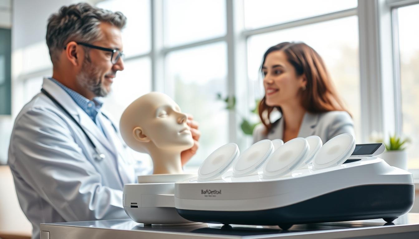 A professional dental or aesthetic expert in a modern clinic setting, engaged in a consultation about sleep apnea therapy. In the foreground, the expert, wearing a lab coat, examines a 3D model of a face, highlighting the importance of facial structure adjustments. The middle ground showcases a sleek sleep apnea machine with silicone pads displayed prominently. In the background, a bright, clean clinic environment with soothing colors and calming lighting creates a reassuring atmosphere. Soft natural light filters through large windows, emphasizing a sense of professionalism and trust. The scene captures a moment of collaboration, symbolizing the benefits of regular check-ups for users of sleep apnea machines, without any text or overlays.