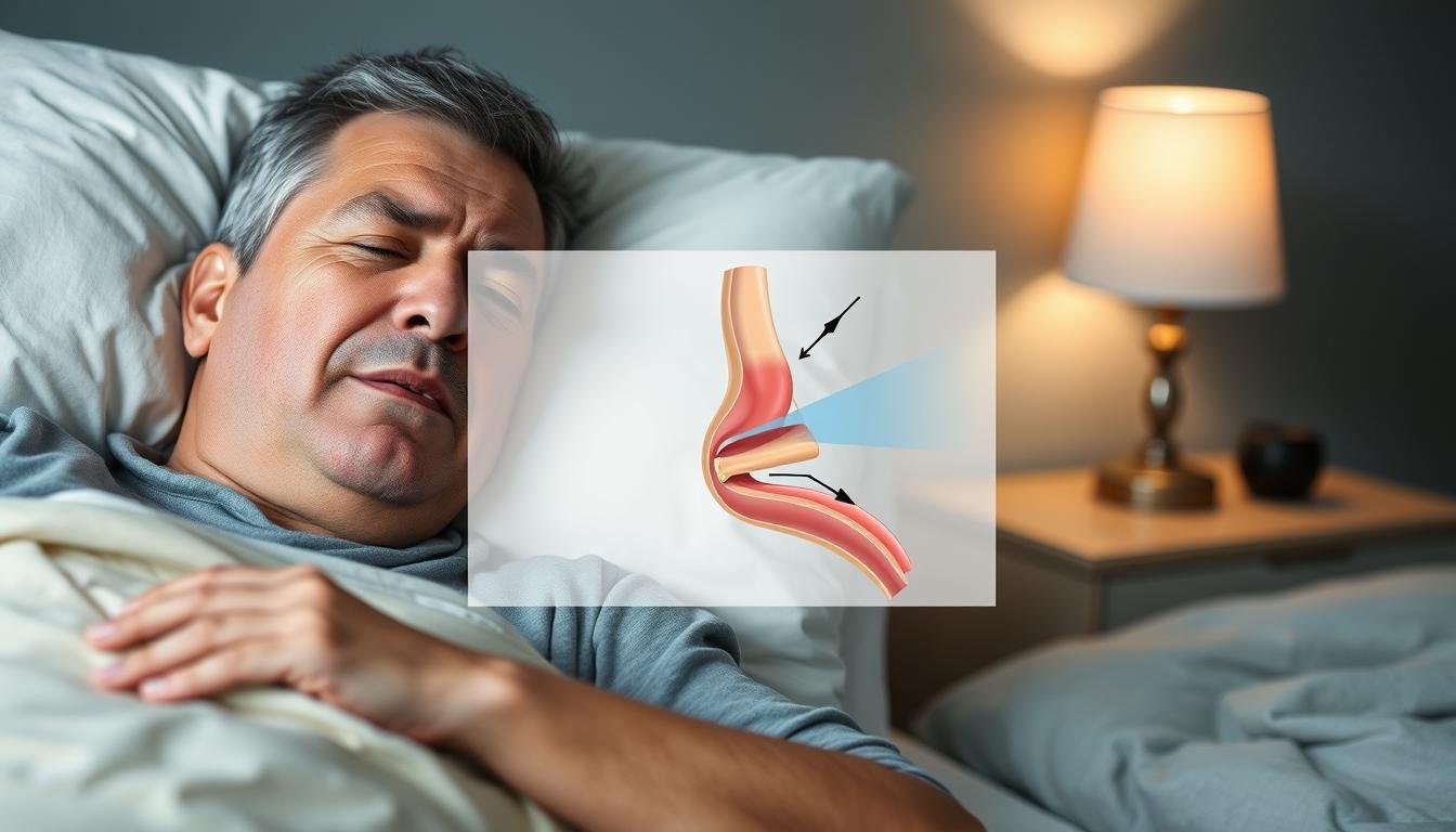 A split-image illustrating the relationship between snoring and chronic rhinitis. In the foreground, depict a middle-aged man sleeping soundly with a slight open mouth, illustrating snoring. His facial features should express mild discomfort due to nasal congestion. In the middle section, show an anatomical diagram of the nose, highlighting the nasal passages affected by chronic rhinitis and its impact on airflow. Use arrows to indicate blockage. In the background, create a soft, calming atmosphere with muted blues and greens, representing nighttime. Include a bedside setting with a nightstand and a soft lamp casting warm light, enhancing the tranquil mood. The image should convey a professional tone suitable for a healthcare context, without any text or distractions.
