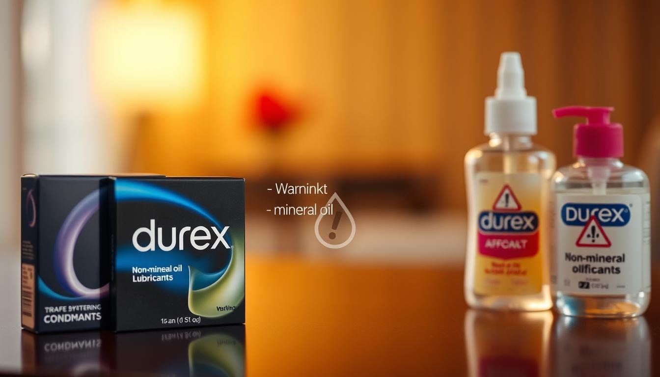 A close-up, conceptual image depicting the relationship between Durex condoms and lubricants. In the foreground, showcase a sleek, modern Durex condom package next to a bottle of safe, non-mineral oil lubricants, emphasizing their compatibility. In the middle ground, display a subtle gradient dividing elements that depict potential risks, such as a faint image of mineral oil with a warning symbol, suggesting caution. The background should be a soft-focus, elegant setting with warm lighting that creates a safe, professional atmosphere. Use a shallow depth of field for a focused look on the Durex products, ensuring clarity and sophistication. The overall mood should evoke trust and awareness surrounding safe practices related to condom use and lubrication.