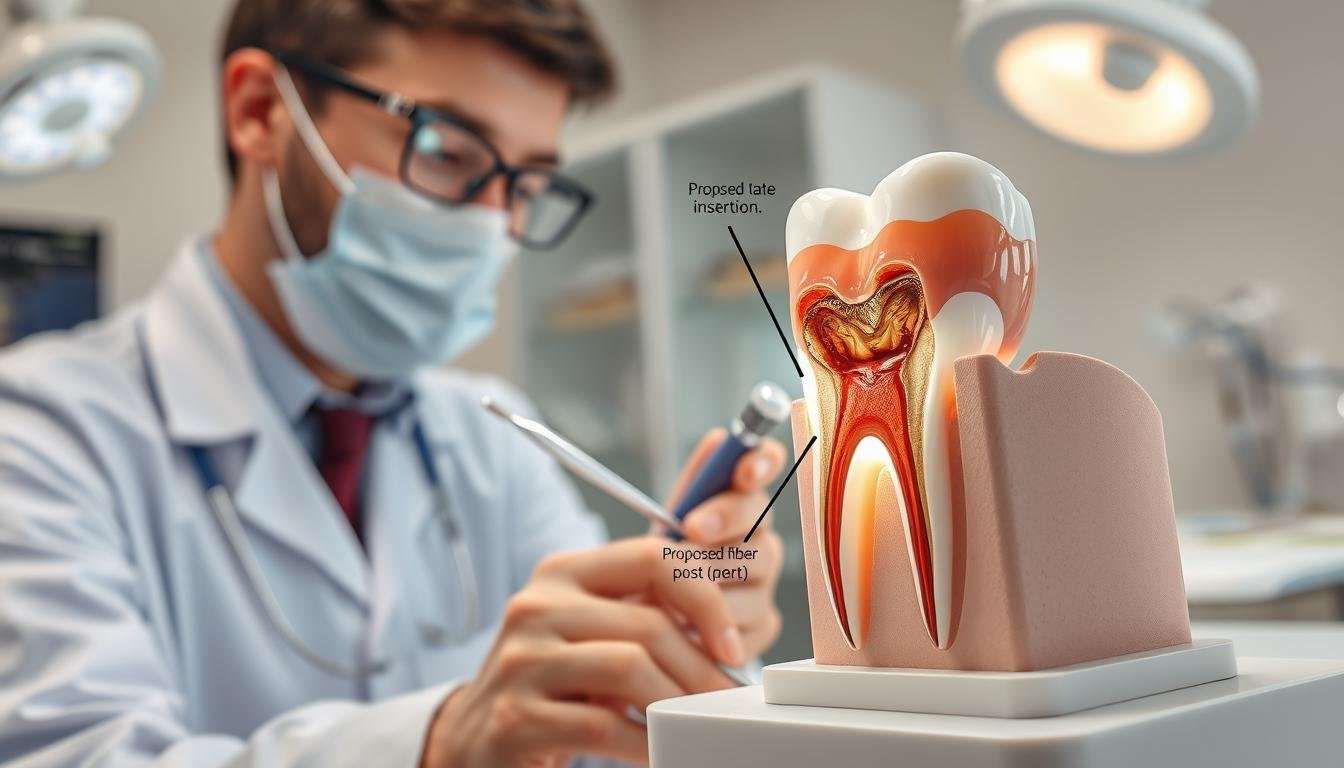 A detailed illustration of a dental examination focused on the assessment of damaged dental roots. In the foreground, a dentist in professional attire examines a detailed dental model showing a tooth with significant structural damage. The middle ground displays various dental tools and a clinical light source illuminating the dental model, emphasizing the damage and proposed fiber post (post) insertion method. The background features a sterile dental office environment, with soft, clean lighting creating a clinical yet inviting atmosphere. The scene should convey a sense of professionalism and careful examination, essential for understanding the complexities of dental restoration techniques.