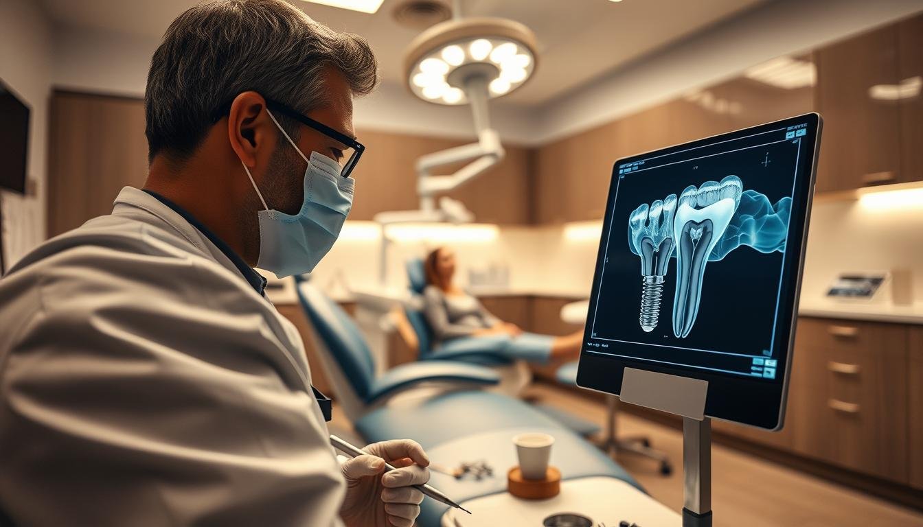 A highly detailed dental clinic scene focusing on the process of dental implants, specifically addressing cases of tooth root fracture. In the foreground, a dentist in professional attire carefully examines a digital X-ray showing a fractured tooth root, with dental tools and an implant model nearby. The middle ground features a clinical examination chair with a patient sitting calmly, surrounded by dental equipment. The background is a modern, well-lit dental office with bright surgical lights and sleek cabinetry. Soft, warm lighting creates an inviting atmosphere, while a wide-angle lens captures the entire room, emphasizing the importance of dental health. The mood is professional yet reassuring, highlighting the advanced techniques involved in dental implant procedures.
