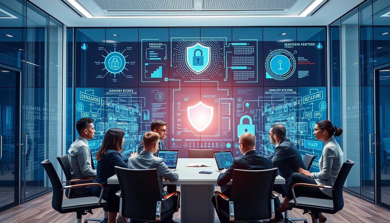 A modern corporate office setting with a focus on data security and employee access management. In the foreground, a diverse group of professionals dressed in smart business attire discuss around a high-tech conference table, analyzing digital screens displaying graphs and security protocols. The middle ground features sleek office furniture, surrounded by transparent glass walls emblazoned with digital security icons. The background shows a large monitor with visualized data flow and access levels, emphasizing secure management systems. The lighting is bright and focused, creating an atmosphere of collaboration and seriousness about data privacy. Use a slightly elevated angle to capture the depth of the workspace and convey the importance of internal security measures.