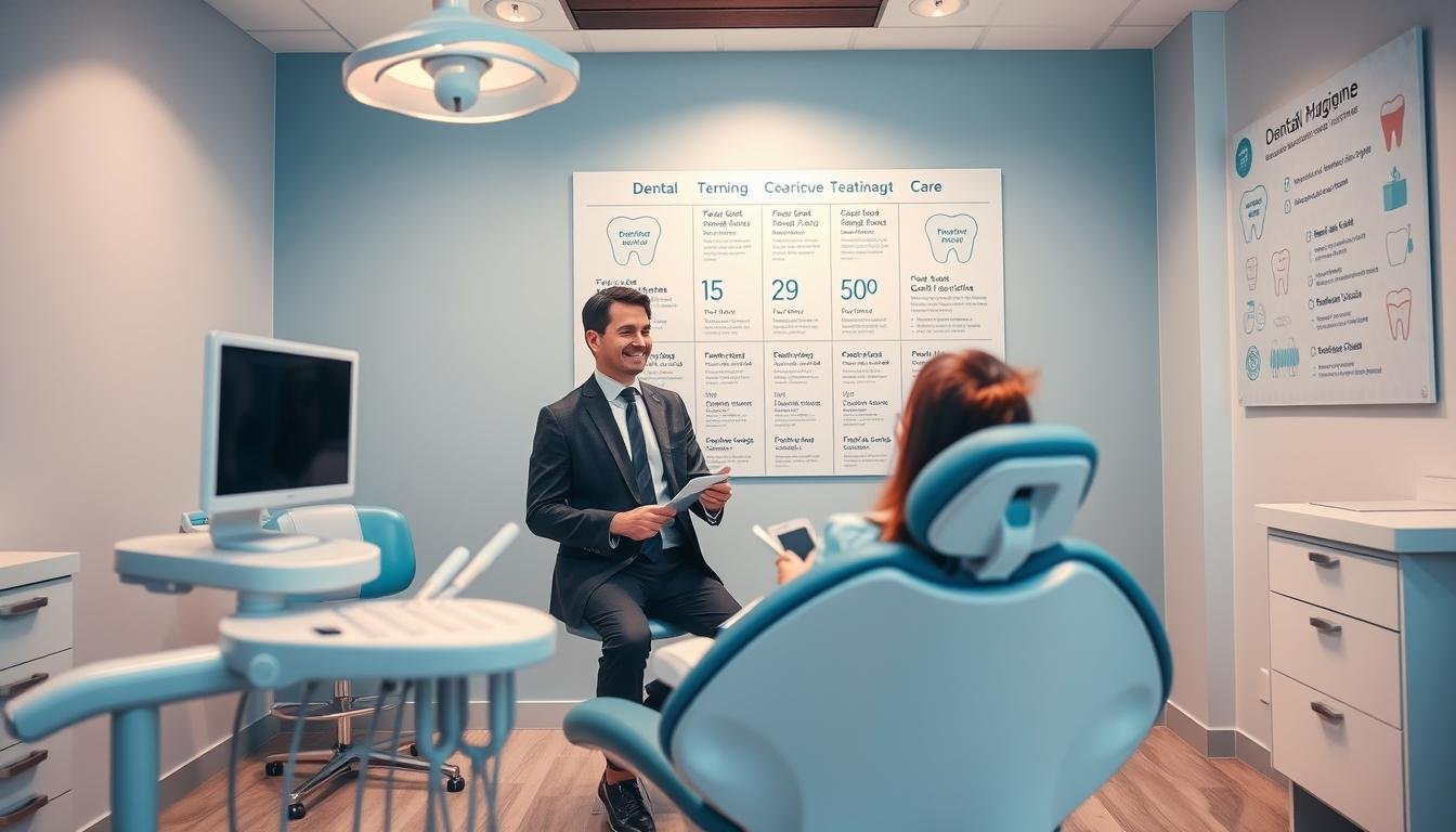 A professional dental clinic interior, showcasing a modern dental chair and tools in the foreground. In the middle, a friendly, well-dressed dentist explains dental cleaning costs to a patient, who is attentively listening while seated in the chair. On a wall in the background, a large infographic depicts various dental services and their prices, emphasizing post-treatment care instructions. Soft, warm lighting highlights the clean, inviting space, with a calming color palette of blues and whites creating a soothing atmosphere. The angle captures both the interaction and the infographic, conveying a sense of professionalism and care in the dental hygiene sector. No text or signatures are present.