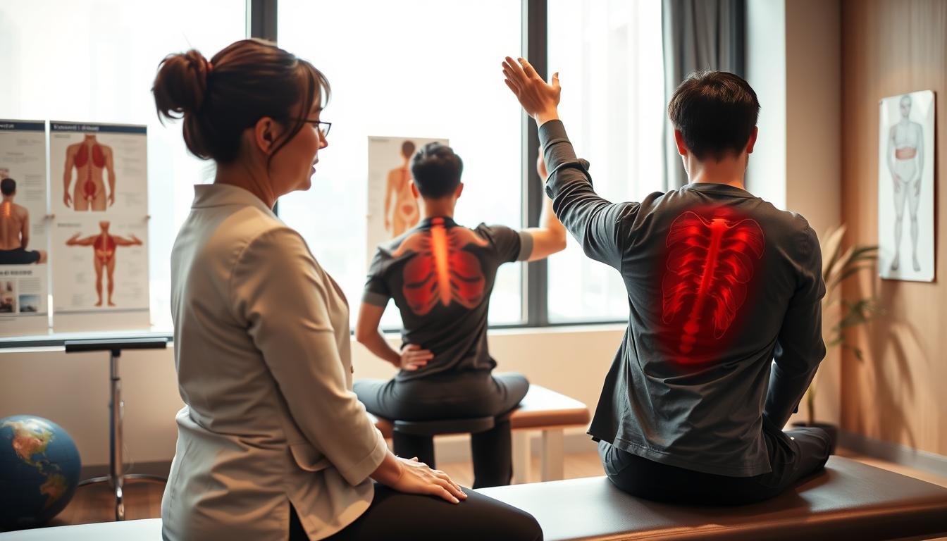 A professional sports therapist in a modern therapy clinic in Wan Chai, Hong Kong, focusing on a client experiencing chronic lower back pain. The foreground showcases the therapist, a middle-aged woman in a fitted polo and slacks, demonstrating a stretching technique while seated on a therapy table. The client, a young man in casual athletic apparel, shows a focused expression as he follows her guidance. The middle background features exercise equipment and anatomical posters related to lower back health, while the back wall displays a large window letting natural light flood the room, creating an inviting and serene atmosphere. The lighting is soft and warm, emphasizing professionalism and care. The image should capture an engaging and supportive therapeutic environment, conveying hope and relief for those working long hours in office settings.