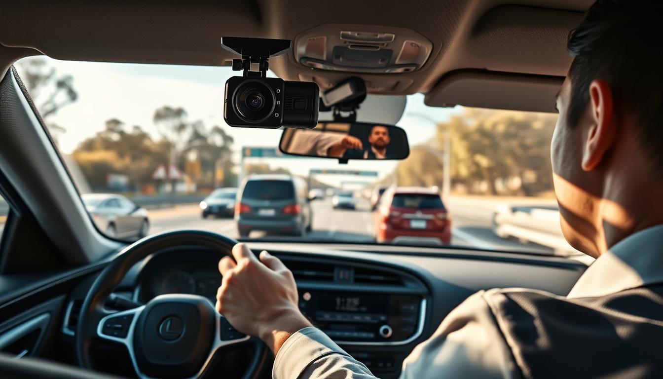 A sleek, modern car interior focused on a high-tech dashboard with a prominently displayed dual-lens dash cam mounted on the windshield. The camera has a spherical lens design, capturing both the driver and the road ahead. The foreground features the well-groomed hands of a driver in professional attire, gripping the steering wheel firmly, showing concentration. The middle ground displays a view through the windshield of a busy highway scene with blurred cars in motion, illustrating the fast-paced environment. The background includes signs and trees passing by, hinting at the speed. Soft, natural light filters through, creating a sense of urgency and alertness, while reflections on the windows add depth to the image. The mood is tense and focused, emphasizing the importance of the dash cam in critical driving situations.