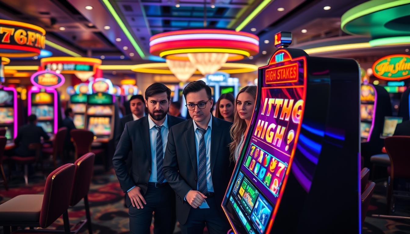 A vibrant and engaging casino gaming scene featuring a high-stakes electronic slot machine in the foreground, with vivid colors and dynamic lighting. The slot machine displays exciting animated graphics, suggesting intense gameplay and high payouts. In the middle ground, a diverse group of players dressed in professional business attire and modest casual clothing are focused on the machine, displaying expressions of anticipation and excitement. The background showcases a bustling casino filled with additional gaming tables and machines, illuminated by soft, ambient lighting that enhances the thrilling atmosphere. The overall mood should evoke energy and anticipation, encapsulating the allure of high-stakes gaming and the excitement it brings to players.