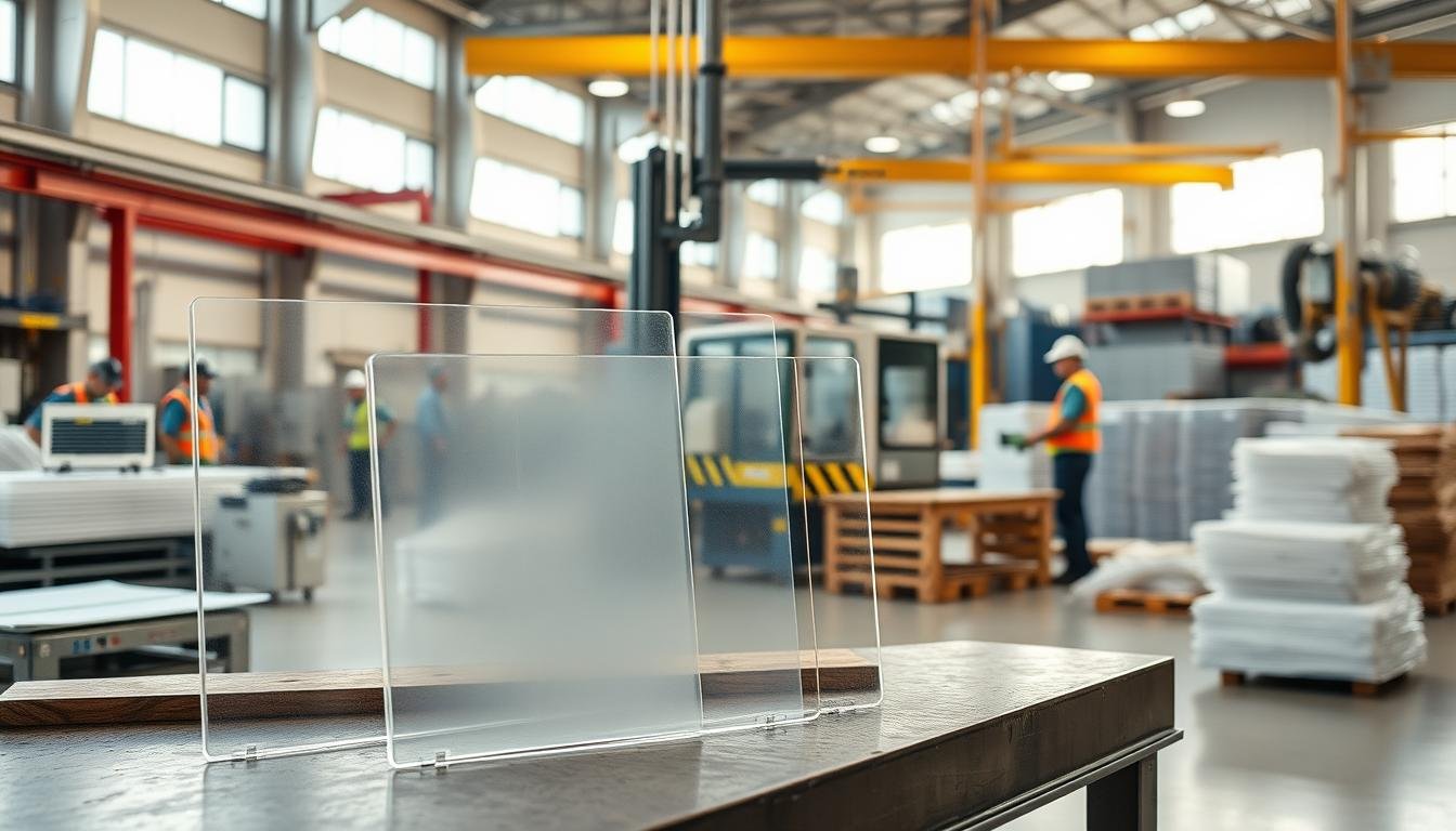 A bright and spacious industrial setting showcasing flat polycarbonate sheets used as protective barriers and safety enclosures. In the foreground, several clear polycarbonate sheets are displayed on a workbench, catching soft, natural light from large windows. The middle ground features a high-tech manufacturing area, with workers in professional attire wearing safety gear, interacting with machinery behind the sheets. The background includes stacks of polycarbonate sheets and industrial equipment, with a clean, organized atmosphere highlighting safety and efficiency. Use a wide-angle lens to emphasize depth and perspective, while warm, inviting lighting enhances a sense of productivity and professionalism. The overall mood conveys safety and modernity in industrial applications.