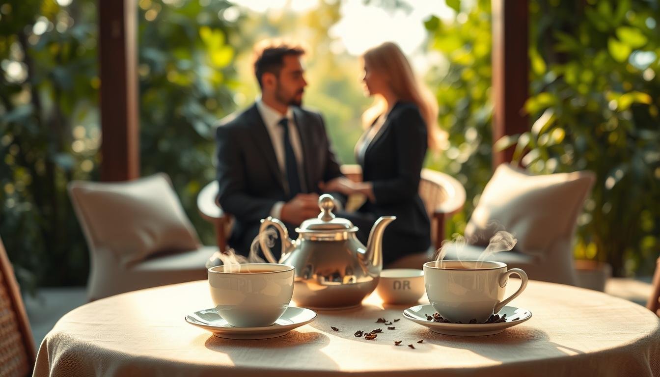 A secluded, elegant tea setting designed for discretion, featuring a small round table draped in a soft, neutral-toned cloth. In the foreground, two steaming cups of tea sit elegantly on the table, flanked by delicate tea leaves and a teapot. The middle ground includes a pair of business professionals in tasteful attire, engaged in a focused conversation, their expressions reflecting trust and confidentiality. In the background, lush greenery and soft, dappled sunlight create a serene atmosphere, enhancing the feeling of privacy. The lighting is warm and inviting, with a soft focus on the subjects to evoke a cozy, intimate mood. The composition is framed in a cinematic 4:3 aspect ratio, capturing the essence of secure, discreet tea service for professionals.