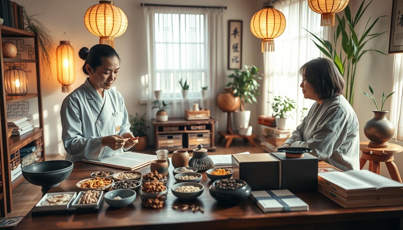 A serene Hong Kong traditional Chinese medicine setting with a practitioner and a patient engaged in a consultation. In the foreground, the practitioner, wearing modest professional attire, is examining herbal medicine ingredients laid out on a wooden table. In the middle, a variety of herbal remedies, acupuncture needles, and traditional medicine books are artfully displayed. The background features a softly lit treatment room adorned with bamboo plants and traditional Chinese decor, creating a calming atmosphere. Natural light filters through paper lanterns, casting warm, gentle shadows. The mood is peaceful and inviting, illustrating the holistic approach of traditional Chinese healing methods in Hong Kong.
