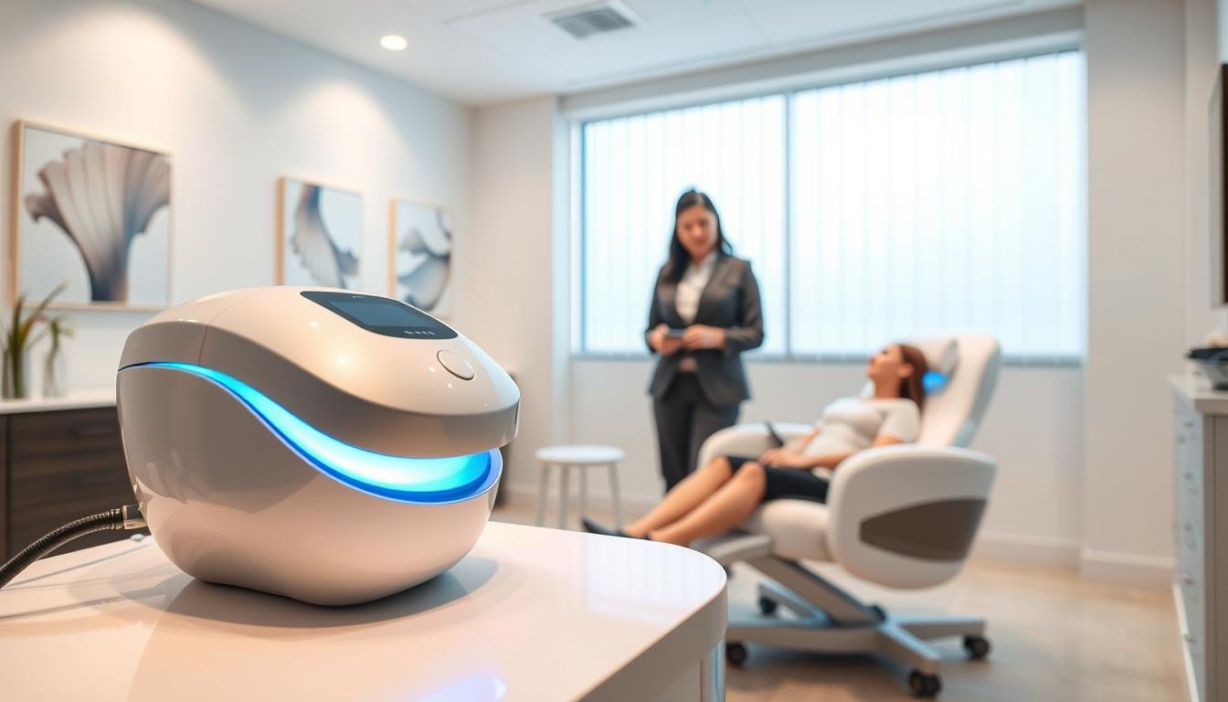 A serene, well-lit cosmetic clinic interior showcasing a modern hair removal laser device in the foreground. The device is sleek and high-tech, with a soft blue glow highlighting its features. In the middle, depict a professional aesthetician in modest business attire, attentively demonstrating the equipment to a patient seated comfortably in a treatment chair, conveying an atmosphere of care and safety. The background features calming pastel-colored walls adorned with abstract art, and a window allowing natural light to flood the space, creating a peaceful ambiance. The overall mood is reassuring and professional, focused on the importance of safety in laser hair removal treatments for those with sensitive skin.