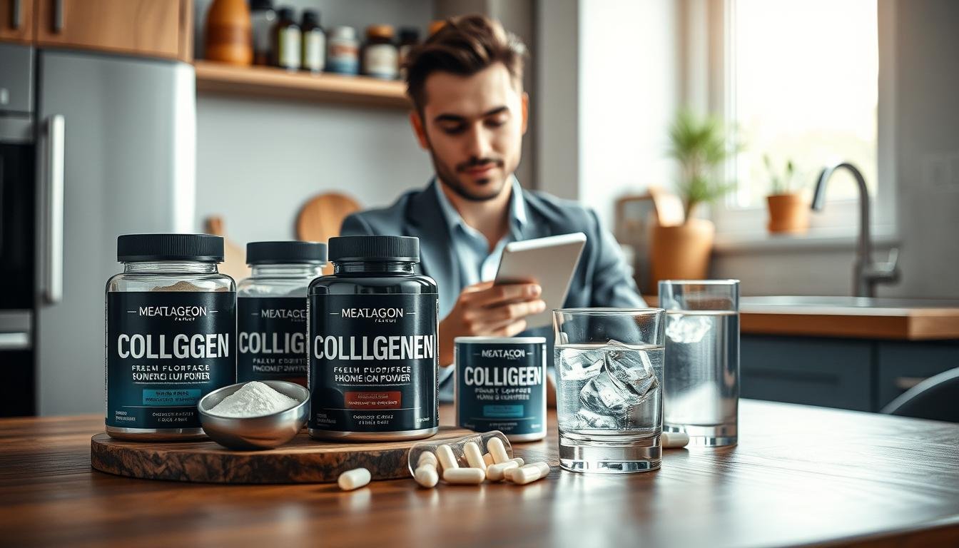 A visually appealing composition showcasing a varied selection of collagen supplements tailored for men. In the foreground, a stylish brown wooden table features an arrangement of premium collagen powder, capsules, and a glass of water with a few ice cubes, reflecting a refreshing look. In the middle ground, a confident young man in professional casual attire, with a clear and healthy complexion, examines a product label closely. Soft natural lighting pours in from a nearby window, creating a warm and inviting atmosphere. The background displays a modern kitchen shelf stocked with health-oriented products, emphasizing a lifestyle choice. The overall mood is dynamic and encouraging, highlighting the importance of collagen in men's skincare and wellness.