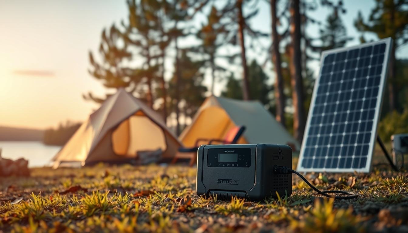 A well-equipped camping scene illustrating a sleep apnea breathing machine power supply solution in a remote outdoor setting. In the foreground, focus on a sleek, portable battery pack connected to a compact sleep apnea machine. In the middle ground, set up a simple tent and camping gear, with a solar panel framed in the background. The scene is bathed in soft evening light, casting a warm glow over the surroundings. Include lush trees and a serene lake in the background, enhancing the peaceful camping atmosphere. Capture the essence of practicality and tranquility, showcasing technology seamlessly integrated into nature for health and comfort. The composition should evoke a sense of outdoor adventure blended with the necessity of medical support.