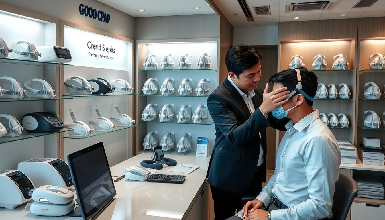 A high-quality, professional showroom interior of Good CPAP in Hong Kong, featuring a modern consultation desk with various CPAP machine types, nasal masks, and full-face masks neatly displayed. A professional specialist is guiding a patient through a mask fitting session under soft, natural lighting.