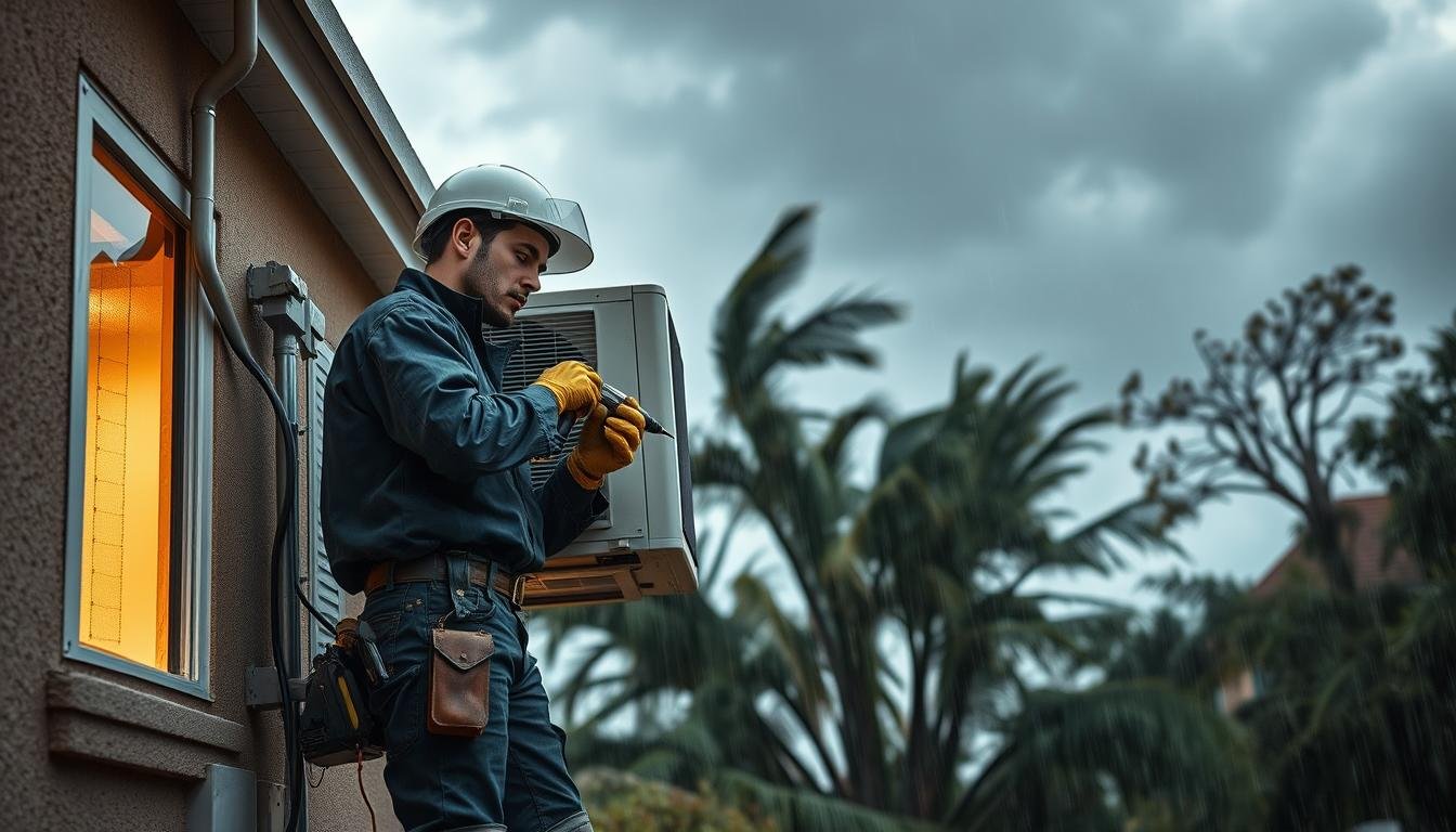 A professional technician wearing a uniform installs an air conditioning unit on a residential building's exterior. The scene takes place in heavy rain, with dark storm clouds and strong winds, illustrating a sense of urgency and challenge. The technician, focused and methodical, is using tools like a drill and measuring tape, surrounded by protective equipment like a helmet and gloves. In the background, trees sway violently, and puddles form on the ground, reflecting the gloomy atmosphere. A soft light from the building’s interior contrasts with the harsh outdoor conditions, creating a dramatic interplay of shadows. The image conveys determination and professionalism amidst adversity, emphasizing the careful handling and planning necessary for air conditioning installation during inclement weather.