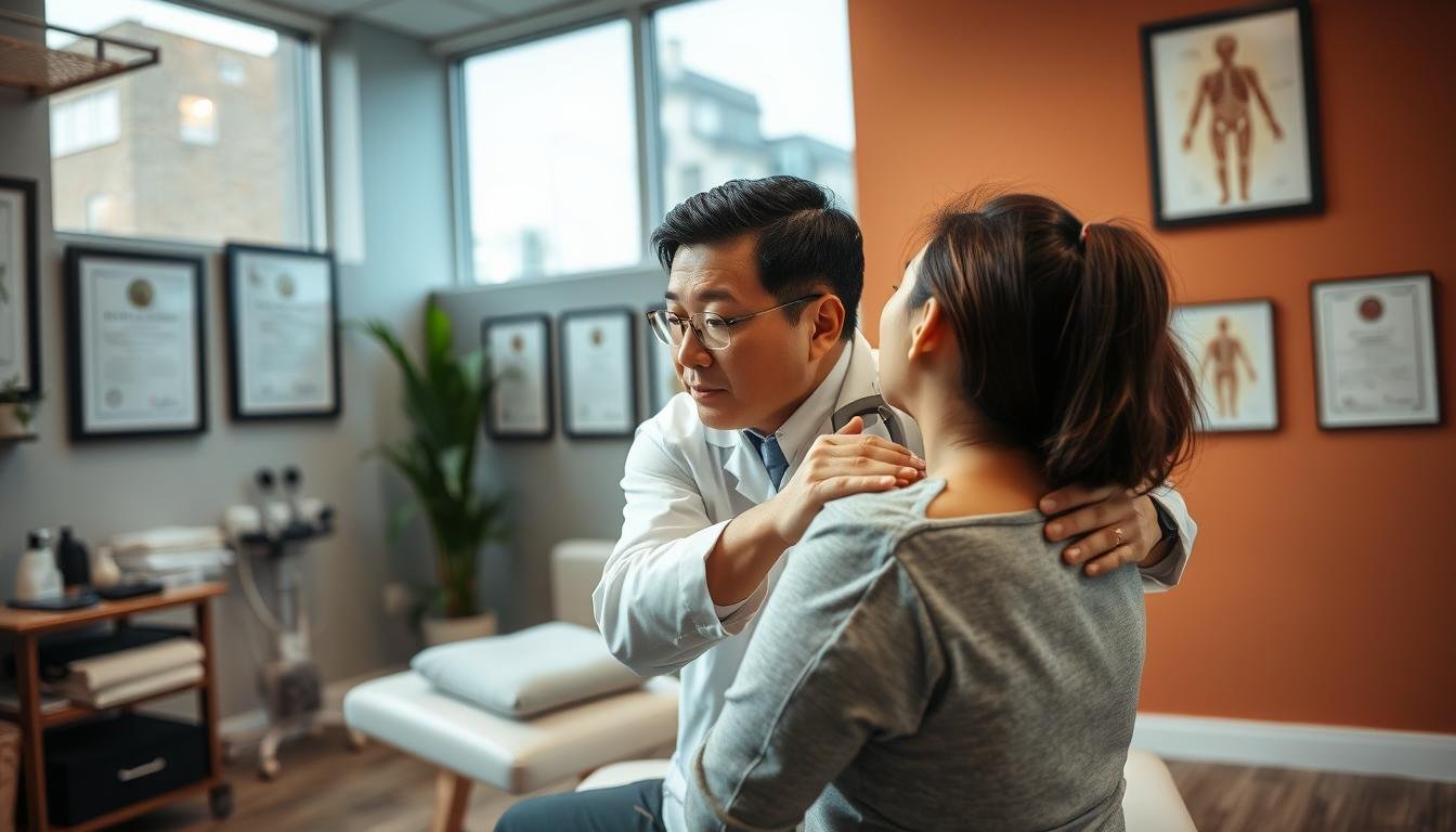 A professional chiropractor in a modern clinic setting, demonstrating therapeutic techniques for back pain relief. In the foreground, the chiropractor, a middle-aged Asian man in a white coat, is gently adjusting the spine of a seated patient, a young woman in modest casual clothing. In the middle ground, various chiropractic tools and a treatment table are visible, highlighting a clinical atmosphere. The background features soothing colors on the walls with framed certifications and anatomical diagrams, creating a sense of trust and professionalism. Soft, natural lighting from large windows creates a warm and inviting mood, emphasizing safety and care in the treatment process. The angle captures the interaction between doctor and patient, focusing on their faces to convey a sense of comfort and reassurance.