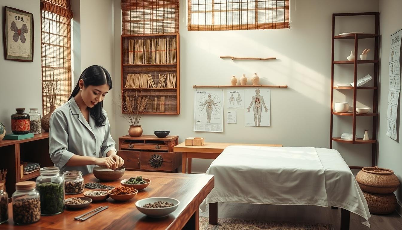 A serene and calming clinic interior showcasing traditional Chinese medicine for women's health, focusing on herbal remedies and acupuncture therapy. In the foreground, a skilled female practitioner in professional attire prepares herbal ingredients on a wooden table, surrounded by vintage jars filled with herbs. In the middle, an acupuncture bed with discreet linens is set up next to a wall adorned with wooden shelves displaying various acupuncture needles and charts illustrating meridian points. The background features soft, natural light filtering through bamboo blinds, enhancing the tranquil atmosphere. The room's color palette consists of soft greens and earth tones, evoking a sense of healing and comfort. Overall, the image should convey a peaceful, inviting environment, suitable for women seeking holistic treatment to enhance fertility.