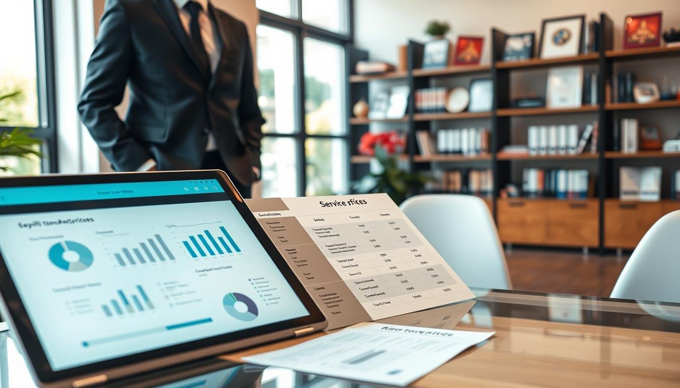 A modern accounting office interior showcasing price transparency in services. In the foreground, a professional accountant, dressed in business attire, stands beside an open laptop displaying clear charts and documents. In the middle, a glass table holds a detailed service brochure listing various pricing options in an organized manner. Soft, natural light filters through large windows, illuminating the sensitive details and enhancing clarity. In the background, bookshelves filled with financial books and certificates emphasize professionalism. The atmosphere is calm and focused, reflecting the integrity and honesty of regulatory compliance in accounting services, highlighting the importance of transparency for small and medium-sized enterprises.