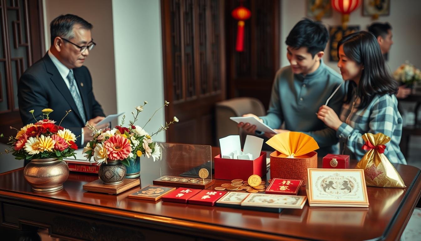 A vibrant scene depicting a traditional Taiwanese wedding negotiation atmosphere, featuring a middle-aged couple in professional business attire engaging with a younger couple in modest casual clothing. The foreground shows an elegant wooden table adorned with decorative floral arrangements and traditional Asian elements, symbolizing the concept of "聘金行情" (bride price). In the middle ground, various symbolic items representing monetary value such as gold coins, symbolic envelopes, and traditional wedding gifts are arranged thoughtfully, highlighting the intricacies of the Taiwanese wedding customs. The background includes a softly lit room with warm colors, perhaps hinting at cultural decorations that evoke a warm and respectful atmosphere. The overall mood is one of respect and celebration, with the lighting emphasizing the importance of these cultural traditions.